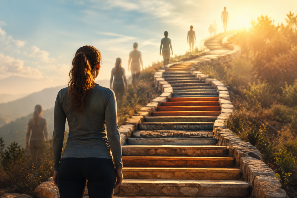 A person standing confidently at the base of an upward-winding staircase with warm golden lighting, representing gradual confidence building journey