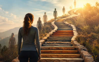 A person standing confidently at the base of an upward-winding staircase with warm golden lighting, representing gradual confidence building journey