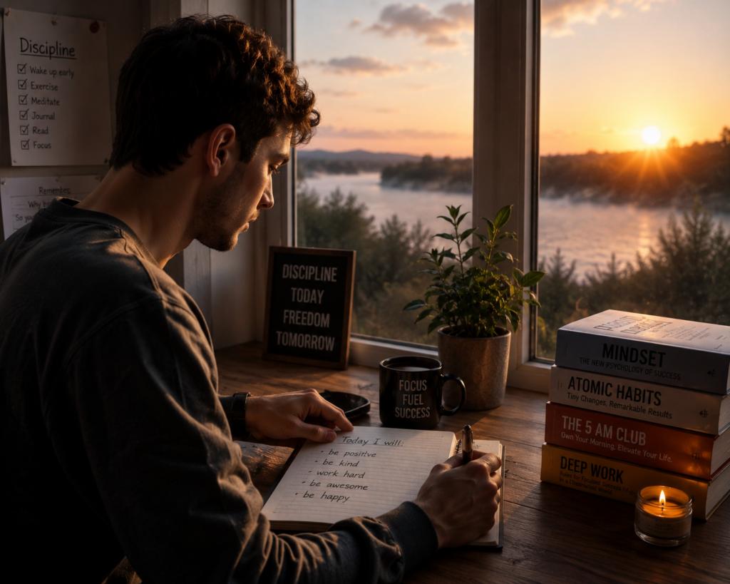 person building healthy morning habits during self improvement challenge