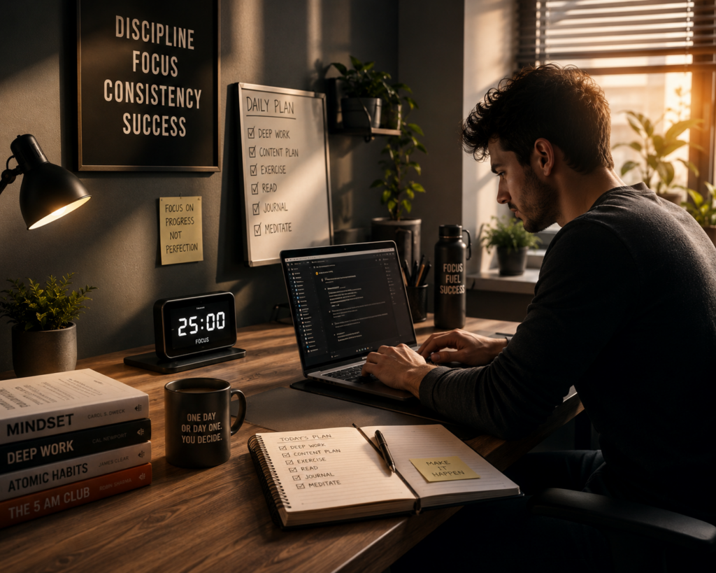 organized productive workspace for self improvement and focus