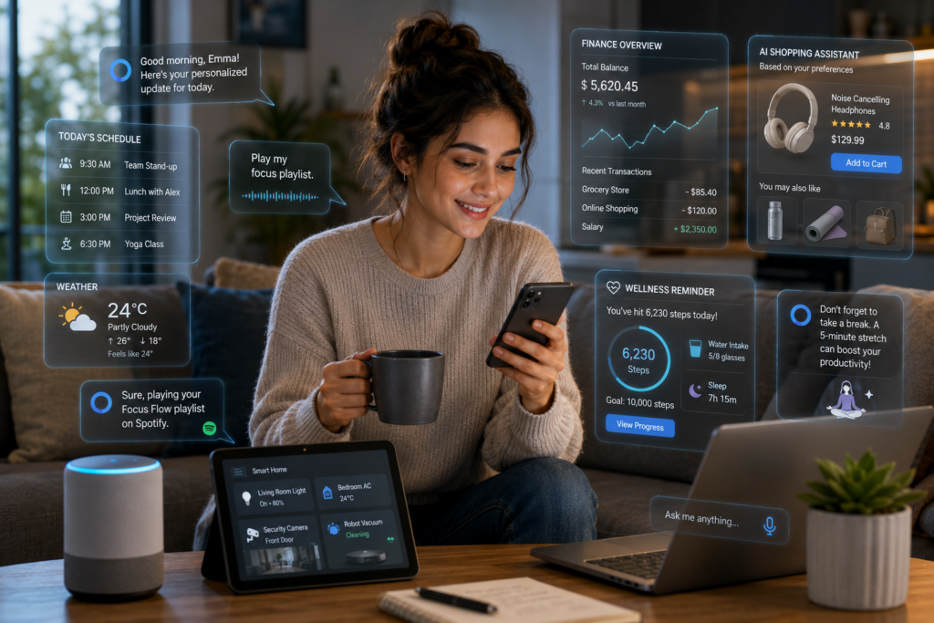 Person using AI-powered technology in daily life with smart devices and digital interfaces
