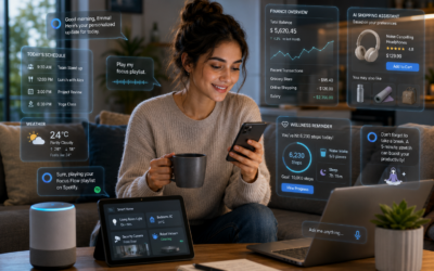 Person using AI-powered technology in daily life with smart devices and digital interfaces