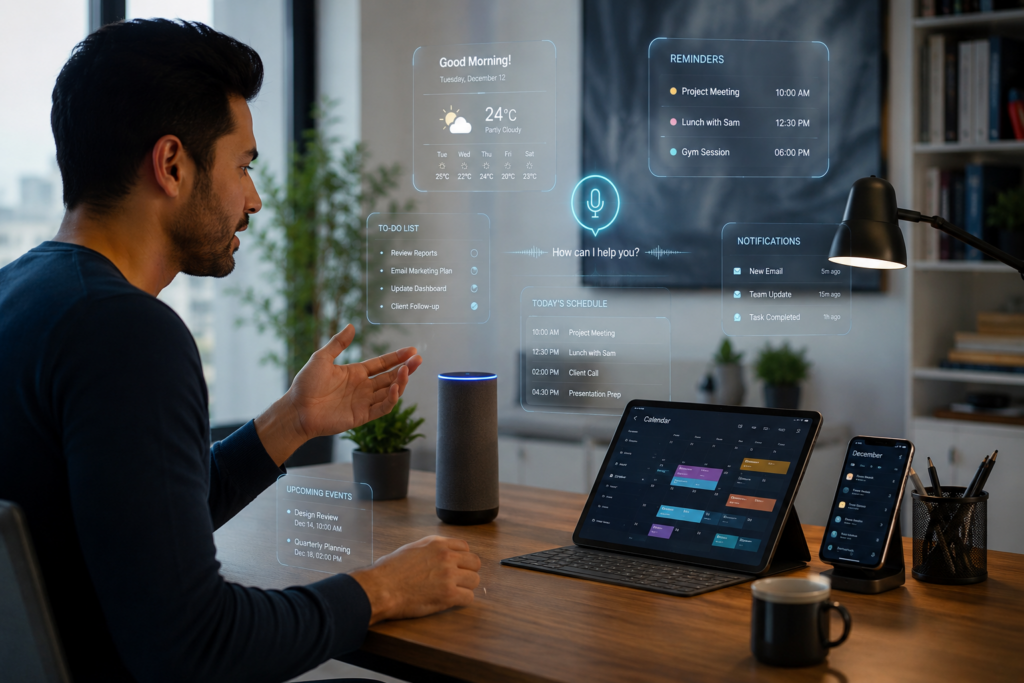 Smart voice assistant helping a user manage daily tasks.