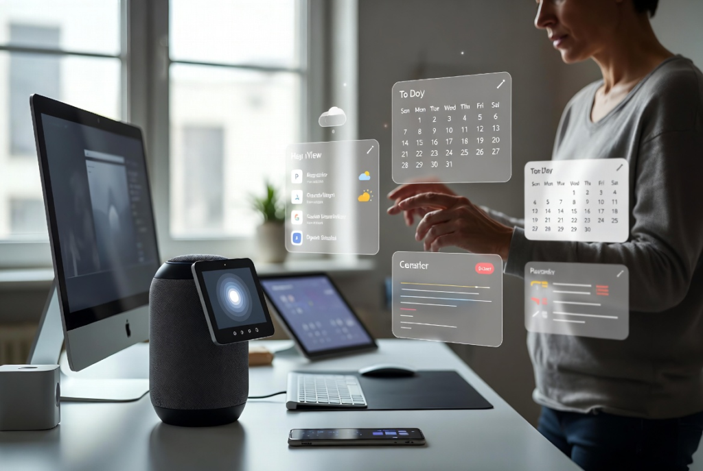 Professionals using AI technology in a modern workplace.